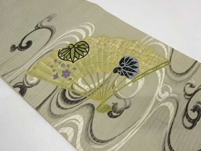 アンティーク　絽流水に扇・葵模様刺繍丸帯（材料）